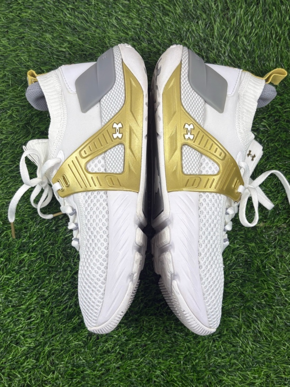 Under Armour Women’s HOVR Project Rock 4 Training Sneakers in White and Gold - Picture 8 of 12